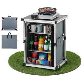 Folding Camping Storage Cabinet, Outdoor Portable Aluminum Lightweight Table, Quick Set-up Compact Kitchen Cook Station, with 3 Shelves and Carry Bag