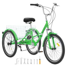 Folding Adult Tricycle, 24-Inch 7-Speed Adult Folding Trikes, Carbon Steel 3 Wheel Cruiser Bike with Basket & Adjustable Seat