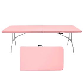 8ft Pink Folding Table, Portable Plastic Table for Camping, Picnics, Parties, High Load Bearing Foldable Table