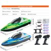 RC Boat, 2 Pack 2.4GHz 12 km/h, Remote Control Boat for Pools & Lakes, Racing Boat with LED Light, 4 Rechargeable Batteries, Whole Body Waterproof