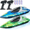 RC Boat, 2 Pack 2.4GHz 12 km/h, Remote Control Boat for Pools & Lakes, Racing Boat with LED Light, 4 Rechargeable Batteries, Whole Body Waterproof
