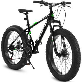 S26109 Elecony 26 Inch Fat Tire Bike Adult&Youth Full Shimano 21 Speed Mountain Bike, Dual Disc Brake, High-Carbon Steel Frame, Front Suspension, Moun (Option: BLACKGREEN)