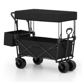 Foldable Utility Wagon,Adjustable Handle Outdoor Wagon, Puncture-Proof Wheels with Brakes, Removable Bag & Side Pockets-Black (Option: Defaulttitle)