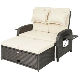 Patio Rattan Daybed, Wicker Outdoor Daybed with Storage Ottoman, Loveseat with Adjustable Backrest, Side Tables, Beige (Option: Beige-1170x755x290 mm)