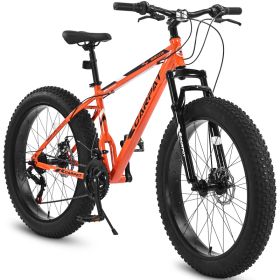 S26109 Elecony 26 Inch Fat Tire Bike Youth Full Shimano 21 Speed Mountain Bike, Dual Disc Brake, High-Carbon Steel Frame, Front Suspension, Mountain T (Option: Orange)