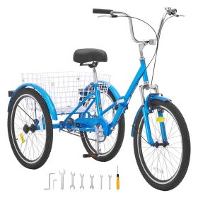 Folding Adult Tricycle, 24-Inch Adult Folding Trikes, Carbon Steel 3 Wheel Cruiser Bike with Large Basket & Adjustable Seat (Color: Blue, Wheel Diameter: 24 inch)
