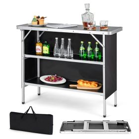 Folding Camping Table with 2-Tier Open Shelves for Outdoor BBQ (Color: Black)