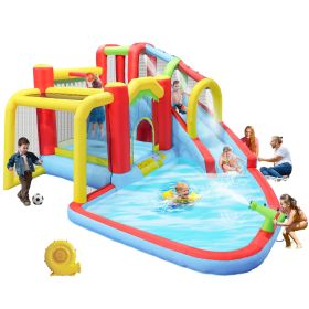 7 in1 Inflatable slide water park bouncing house outdoor Soccer garden bouncer with Splash pool & Water gun & Climbing wall & Basketball & Football (Color: as Pic)
